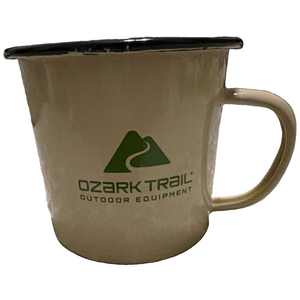 Ozark Trail Camp Enamel Metal Coffee Mug Beige Black Rim Mountain Nature Print